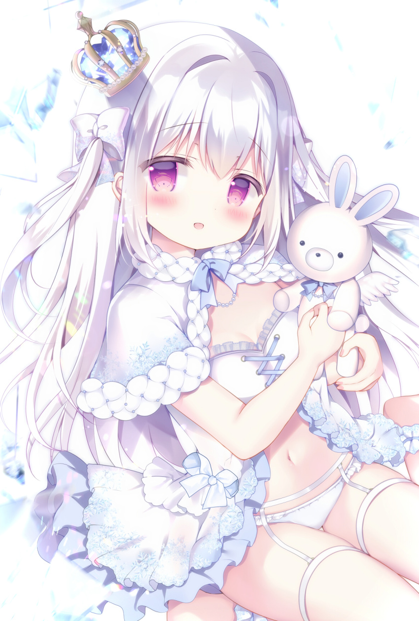 1girl :d azumi_kazuki barefoot blush bow breasts capelet commentary_request crown garter_straps hair_between_eyes hair_bow hair_intakes highres holding holding_stuffed_toy long_hair looking_at_viewer mini_crown navel original panties purple_eyes sitting small_breasts smile solo stuffed_animal stuffed_rabbit stuffed_toy tilted_headwear two_side_up underwear very_long_hair wariza white_bow white_capelet white_panties white_wings wings