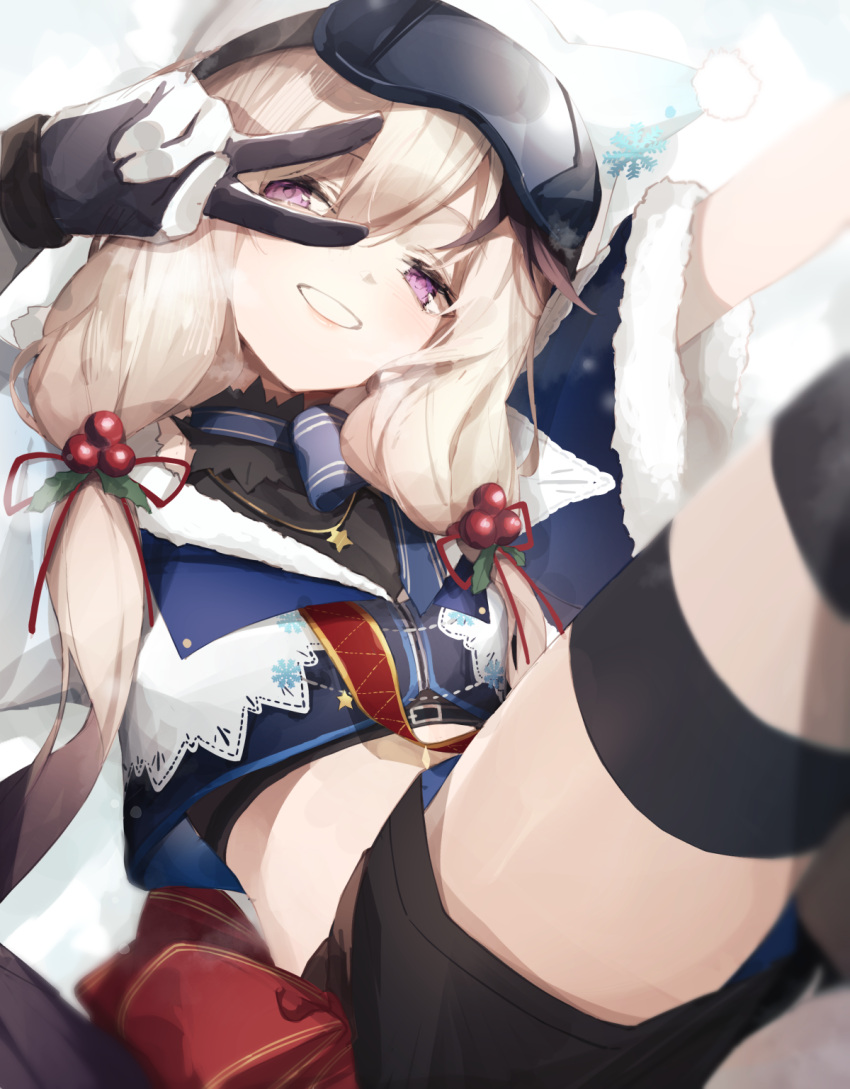 1girl animal_hat ankoro_mochi arknights black_shorts blonde_hair blue_ribbon cardigan_(arknights) cardigan_(cheerful_guardian)_(arknights) commentary crop_top feet_out_of_frame fur_trim goggles goggles_on_head grin hair_bobbles hair_ornament hat highres long_hair looking_at_viewer official_alternate_costume pink_eyes red_ribbon ribbon short_sleeves shorts ski_goggles smile snowflakes solo symbol-only_commentary thigh_strap v_over_eye white_headwear