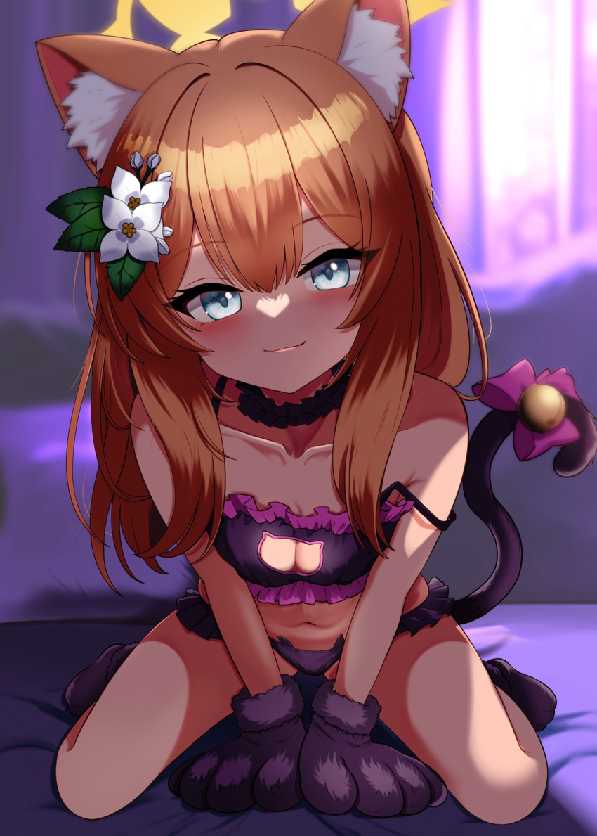 1girl alternate_costume animal_ear_fluff animal_ears animal_hands bell between_legs blue_archive blue_eyes blush bra breasts carrot_(jetcarrot) cat_cutout cat_ear_panties cat_lingerie cat_paws cat_tail choker cleavage_cutout closed_mouth clothing_cutout collarbone commentary_request fake_tail flower fox_ears fox_girl frilled_bra frilled_choker frills full_body gloves hair_between_eyes hair_flower hair_ornament halo hand_between_legs highres jingle_bell kneeling long_hair looking_at_viewer mari_(blue_archive) meme_attire orange_hair panties paw_gloves paw_shoes purple_bra purple_choker purple_panties small_breasts solo strap_slip tail tail_bell tail_ornament underwear white_flower yellow_halo