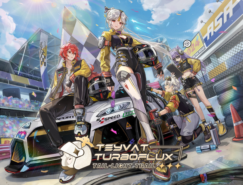 2boys 2girls absurdres bennett_(genshin_impact) breasts car cleavage diluc_(genshin_impact) genshin_impact goggles goggles_on_head hair_between_eyes highres keqing_(genshin_impact) long_hair looking_at_viewer motor_vehicle multiple_boys multiple_girls ningguang_(genshin_impact) official_alternate_costume official_alternate_hairstyle official_art ponytail race_vehicle racecar racing_suit red_eyes red_hair sunglasses