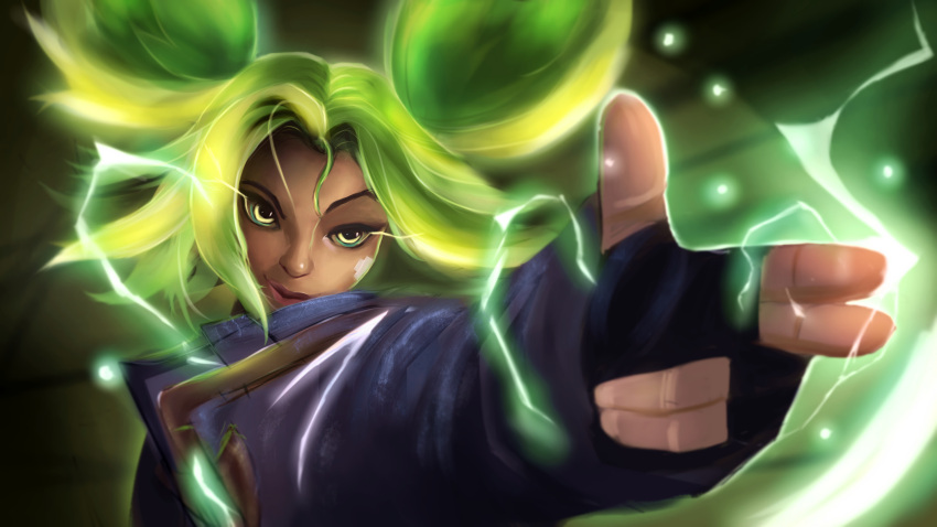 absurdres bandaid bandaid_on_face black_jacket brown_gloves cyberpunk derivative_work electricity finger_gun fingerless_gloves gloves glowing glowing_eyes green_eyes green_hair highres hjeusarts jacket league_of_legends open_clothes open_jacket parted_bangs screencap_redraw twintails zeri_(league_of_legends)