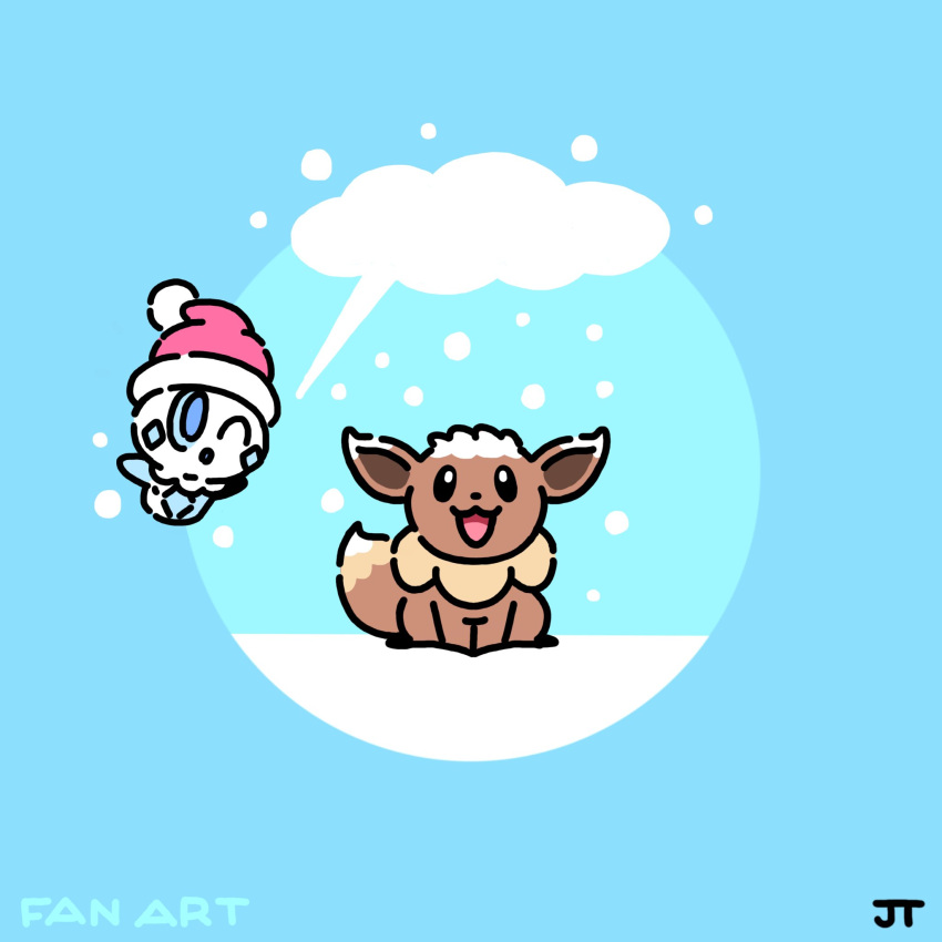 :d ;o black_eyes blue_eyes commentary eevee hat highres james_turner looking_up no_humans one_eye_closed open_mouth pink_headwear pokemon pokemon_(creature) santa_hat smile snow snowing vanillite