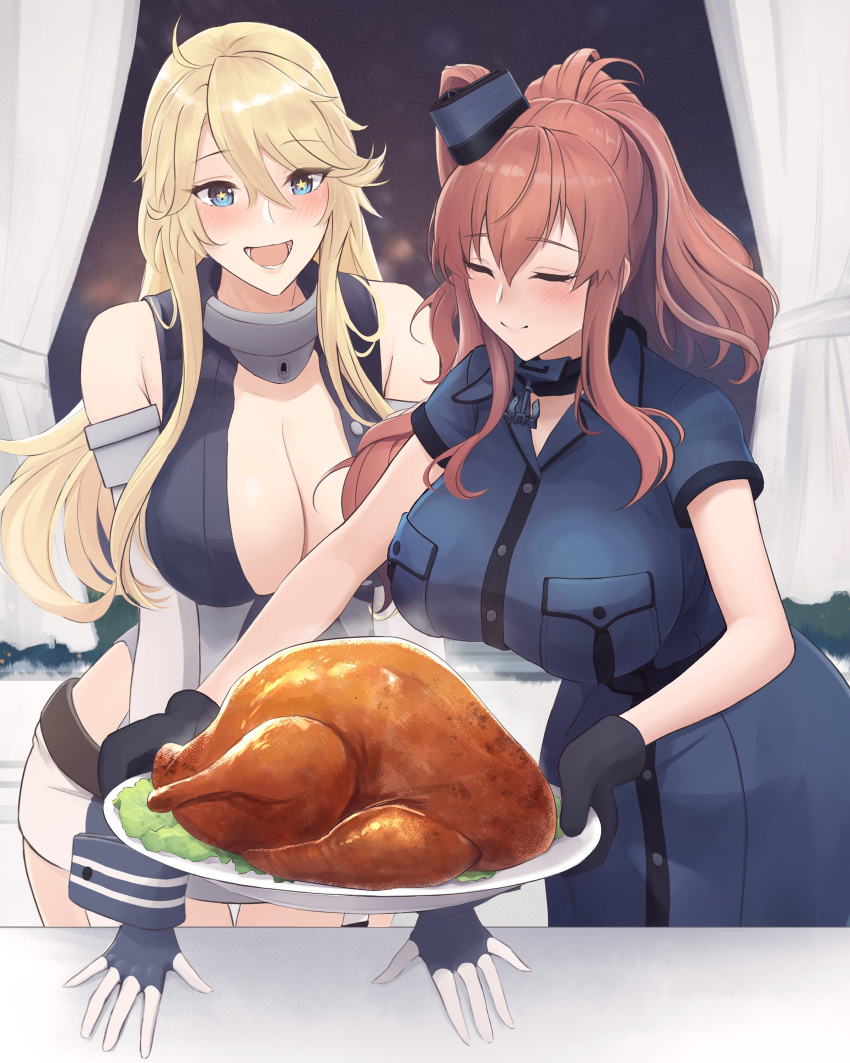 2girls absurdres anchor_choker bare_arms belt black_dress black_gloves blonde_hair blue_eyes blush breasts brown_hair cleavage closed_eyes collar dress elbow_gloves food gloves highres iowa_(kancolle) kantai_collection large_breasts long_hair metal_collar miniskirt multiple_girls odachu open_mouth ponytail saratoga_(kancolle) side_ponytail skirt star-shaped_pupils star_(symbol) symbol-shaped_pupils turkey_(food)