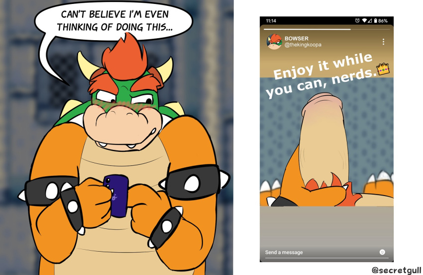 2021 anthro armband artist_name blush bowser bracelet cellphone electronics emoji english_text flaccid foreskin genitals green_shell hair holding_cellphone holding_object holding_own_penis holding_phone horn jewelry koopa male mario_bros nintendo nude_photo orange_body orange_scales penis penis_shot phone phone_screen pubes red_hair red_pubes scales scalie secretgull shell solo speech_bubble spiked_armband spiked_bracelet spiked_shell spikes spikes_(anatomy) text twitter white_toe_claws