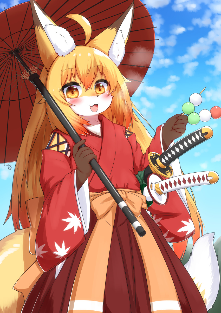 2023 5_fingers absurd_res ahoge anthro asian_clothing blonde_hair blush brown_body brown_fur canid canine claws clothed clothing cute_fangs dango_(food) digital_media_(artwork) dipstick_ears dipstick_tail east_asian_clothing female female_anthro finger_claws fingers flat_chested fluffy fox fur hair hi_res horokusa0519 inner_ear_fluff japanese_clothing katana kemono korai_(horokusa) looking_at_viewer mammal markings melee_weapon multicolored_body multicolored_ears multicolored_fur open_mouth parasol portrait solo sword tail tail_markings three-quarter_portrait tongue tuft weapon white_body white_fur yellow_body yellow_eyes yellow_fur