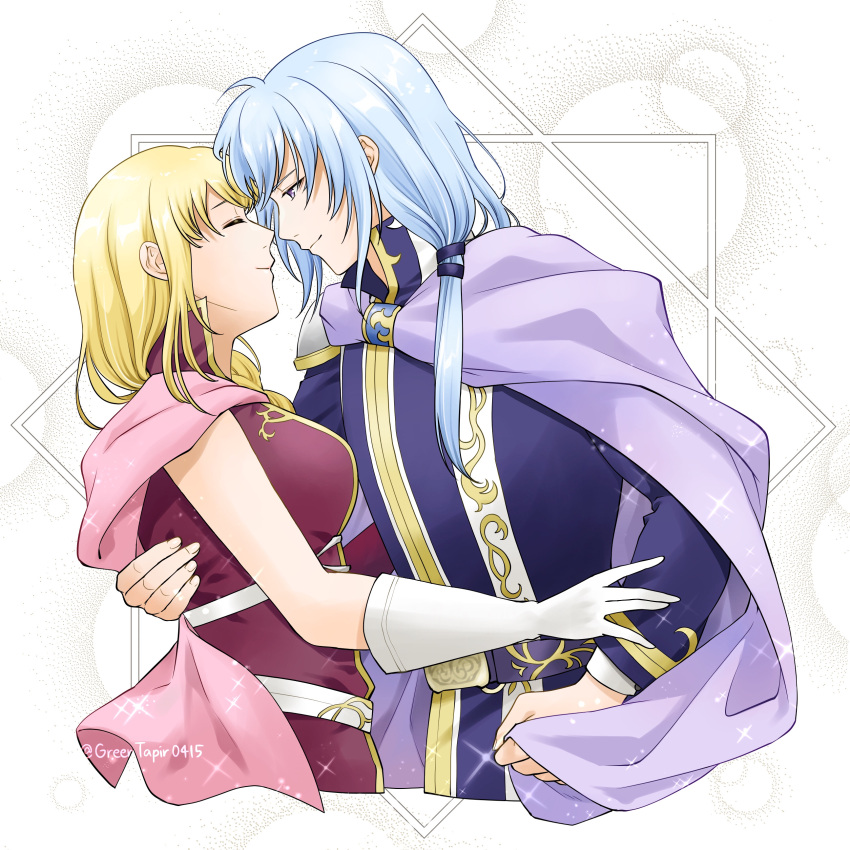 1boy 1girl absurdres artist_name blonde_hair blue_hair cape closed_eyes closed_mouth commentary_request couple fire_emblem fire_emblem:_the_blazing_blade gloves hetero highres long_hair louise_(fire_emblem) midori_no_baku pent_(fire_emblem) purple_cape purple_eyes smile upper_body white_background white_gloves