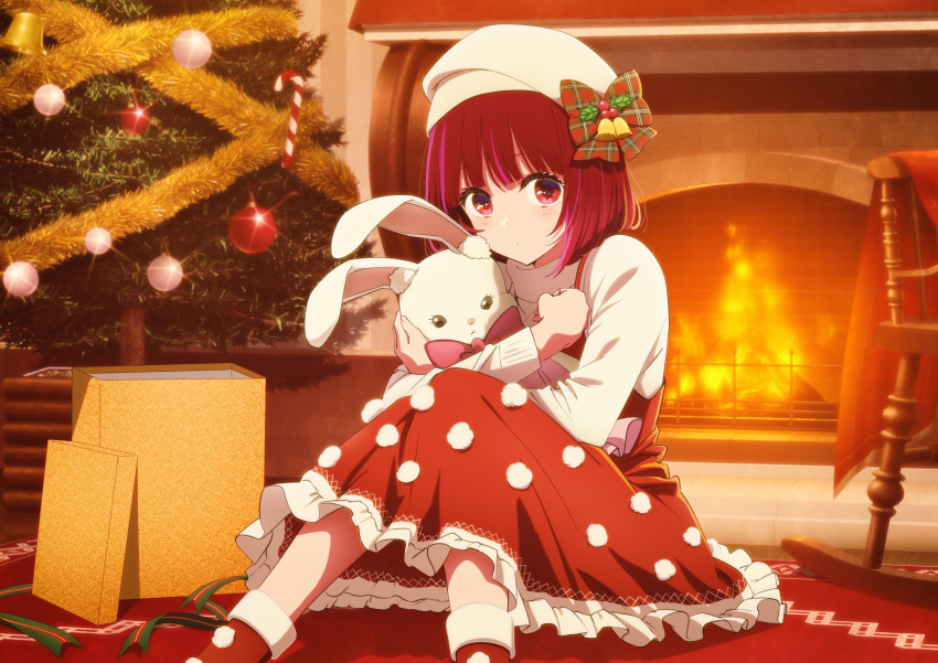1girl absurdres arima_kana bell beret blunt_bangs blush bob_cut boots bow box christmas christmas_ornaments christmas_tree closed_mouth commentary crossed_arms dress english_commentary eyelashes feet_out_of_frame fireplace frilled_dress frills gift gift_box glint green_ribbon hair_bell hair_bow hair_ornament hat highres hirayama_kanna holding holding_stuffed_toy indoors knees_together_feet_apart knees_up long_dress long_sleeves looking_at_viewer mistletoe official_art open_box oshi_no_ko pink_bow pom_pom_(clothes) red_bow red_dress red_eyes red_hair ribbon santa_boots santa_hat shirt short_hair sitting sleeveless sleeveless_dress solo stuffed_animal stuffed_rabbit stuffed_toy white_headwear white_shirt