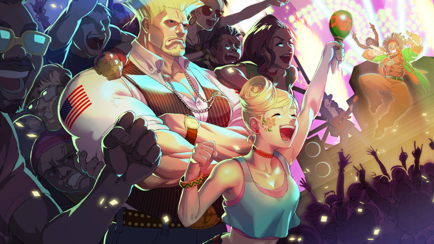 american_flag american_flag_print beard blonde_hair brother_and_sister chris_(street_fighter) concert crop_top crossed_arms crowd dee_jay facial_hair facial_tattoo father_and_daughter flag_print guile hair_bun highres instrument laura_matsuda maracas muscular muscular_male official_alternate_costume official_art sean_matsuda siblings single_hair_bun smile stage street_fighter street_fighter_6 sunglasses tank_top tattoo third-party_source vest watch wristwatch