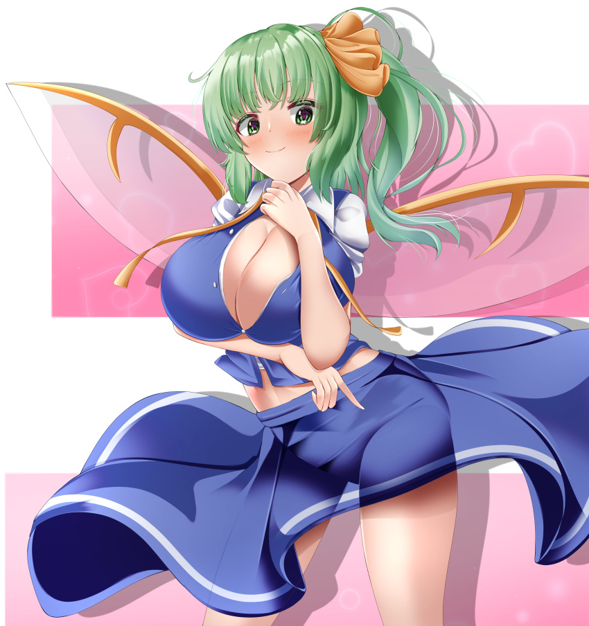 1girl absurdres ahoge blue_skirt blue_vest blush breasts cleavage closed_mouth commentary daiyousei green_eyes green_hair hair_ribbon highres huge_breasts looking_at_viewer medium_hair musi_tino one_side_up pink_background ribbon shirt short_sleeves skirt smile solo touhou transparent_wings vest white_shirt yellow_ribbon