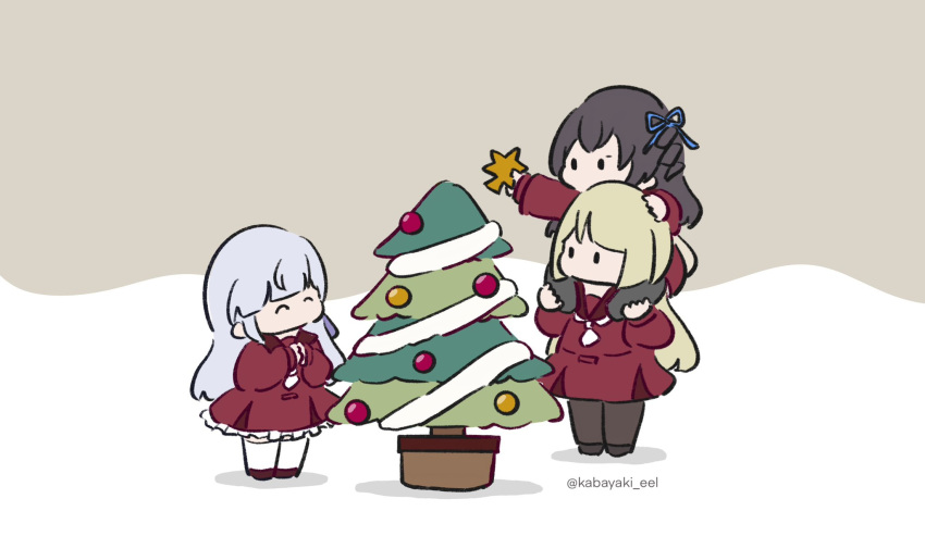 3girls ^_^ assault_lily black_hair black_pantyhose blonde_hair blue_ribbon blunt_bangs brown_background brown_footwear brown_pantyhose brown_sailor_collar carrying chibi christmas christmas_tree closed_eyes cousins decorating drill_hair frilled_skirt frills grey_hair hair_ribbon hand_on_another's_head hand_on_another's_leg hands_up highres holding kabayaki_(kabayaki_eel) kanba_girls_high_school_uniform kon_kanaho long_hair looking_at_object miniskirt miyagawa_takane multiple_girls necktie no_mouth one_side_up outstretched_arm own_hands_together pantyhose red_shirt red_skirt ribbon sailor_collar school_uniform serafuku shirt short_necktie shoulder_carry skirt solid_oval_eyes standing thighhighs twitter_username two-tone_background v-shaped_eyebrows white_background white_necktie white_thighhighs yokota_haruna