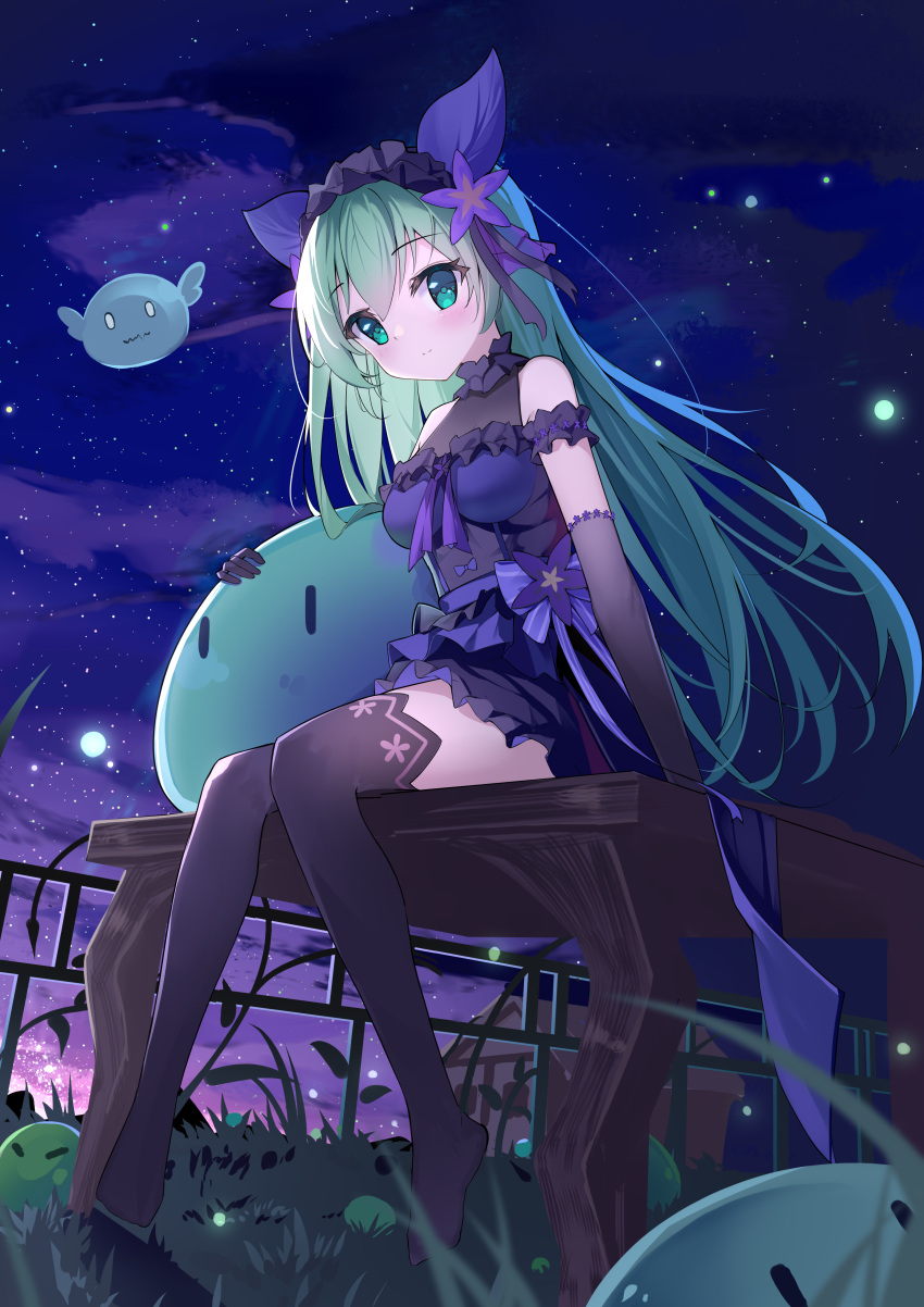 1girl a1352170118 absurdres aqua_eyes aqua_hair arm_at_side bare_shoulders black_gloves black_thighhighs blurry blurry_foreground bow breasts closed_mouth cloud dress elbow_gloves fireflies floating_hair flower frilled_dress frilled_hairband frills from_below full_body gloves glowing grass hair_between_eyes hair_flower hair_ornament hairband highres knees_together_feet_apart light_blush long_hair looking_at_viewer medium_breasts night night_sky no_shoes original outdoors purple_bow purple_dress purple_flower purple_ribbon railing ribbon see-through short_dress sitting sky sleeveless sleeveless_dress slime_(creature) smile solo straight_hair thighhighs zettai_ryouiki