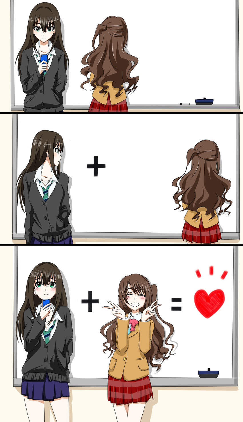 3koma absurdres asymmetrical_bangs bangs blazer blush brown_hair cardigan cellphone closed_eyes collarbone comic double_v earrings eraser green_eyes hand_in_pocket heart highres idolmaster idolmaster_cinderella_girls jacket jewelry long_hair looking_at_another looking_away marker math multiple_girls necklace necktie one_side_up phone pleated_skirt school_uniform shibuya_rin shiki_(0802makimari) shimamura_uzuki skirt smartphone smile v whiteboard yuri