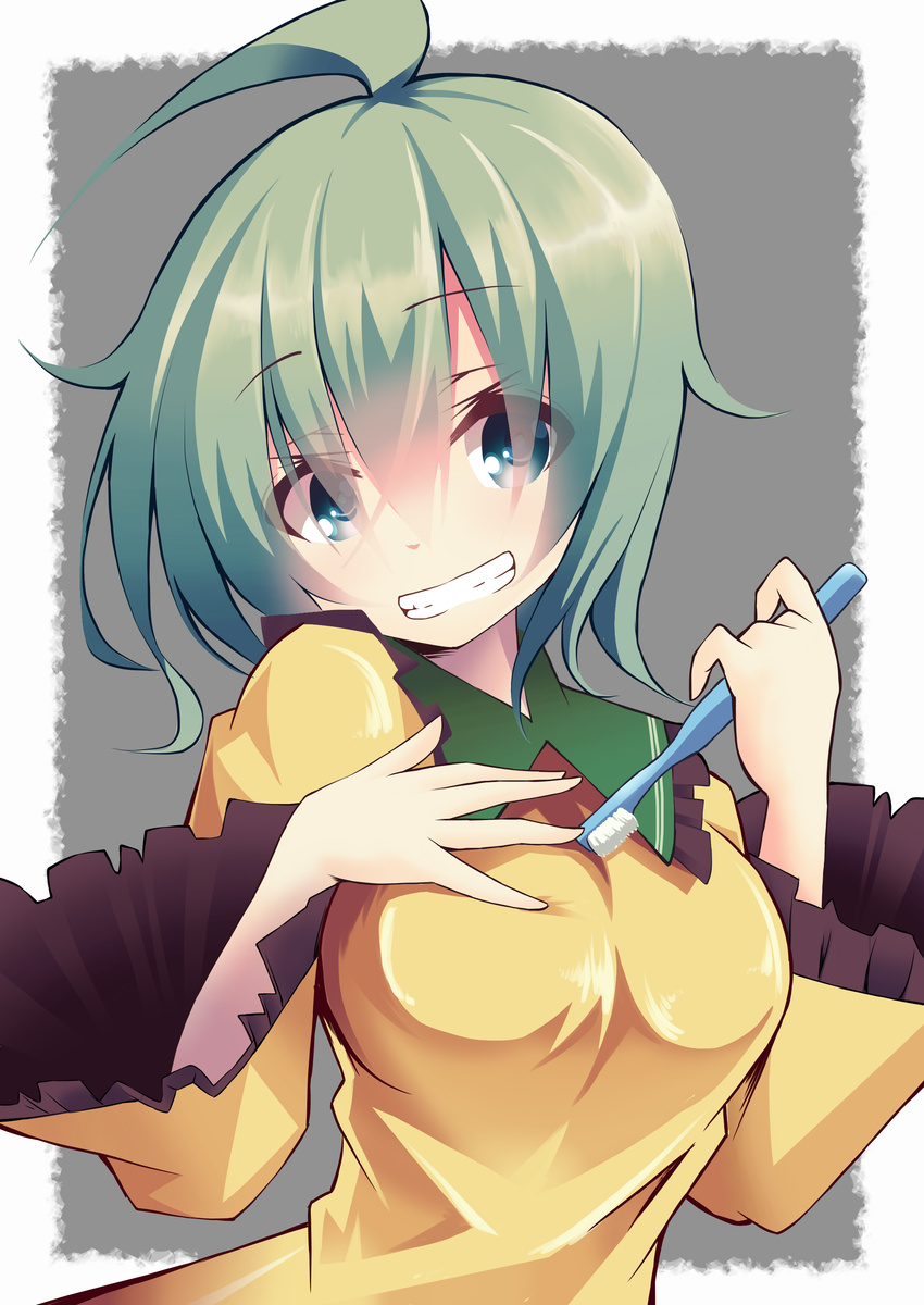 absurdres ahoge bad_id bad_pixiv_id breasts commentary_request green_hair grey_background grin hand_on_own_chest highres huge_ahoge komeiji_koishi large_breasts long_sleeves looking_at_viewer no_hat no_headwear sakakiba_misogi shirt silver_eyes smile solo teeth toothbrush touhou wide_sleeves yellow_shirt