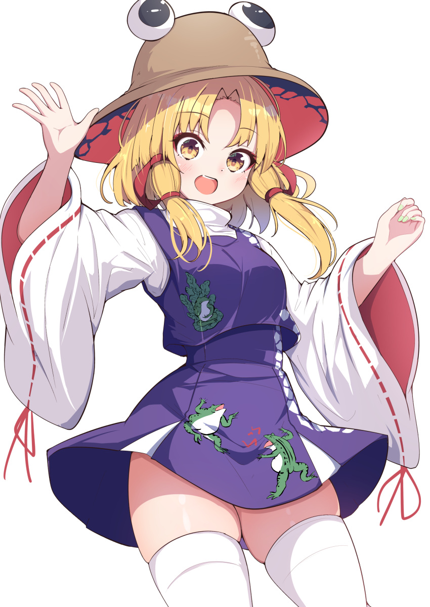 absurdres animal_print blonde_hair brown_headwear darumoon frog_print highres moriya_suwako open_mouth purple_skirt purple_vest shirt skindentation skirt smile thighhighs thighs touhou turtleneck vest white_shirt white_thighhighs wide_sleeves yellow_eyes zettai_ryouiki