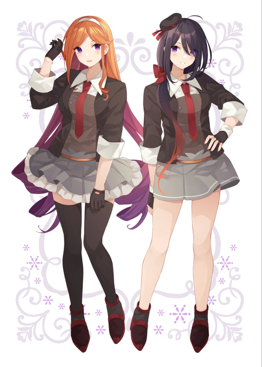 2girls ariake_(kancolle) beret black_gloves black_headwear black_thighhighs blush collared_shirt fingerless_gloves full_body gloves grey_skirt grin hairband hat highres kantai_collection long_hair long_sleeves multiple_girls necktie open_mouth orange_hair pleated_skirt purple_eyes purple_hair red_necktie shakemi_(sake_mgmgmg) shirt skirt smile thighhighs white_hairband white_shirt yuugure_(kancolle)