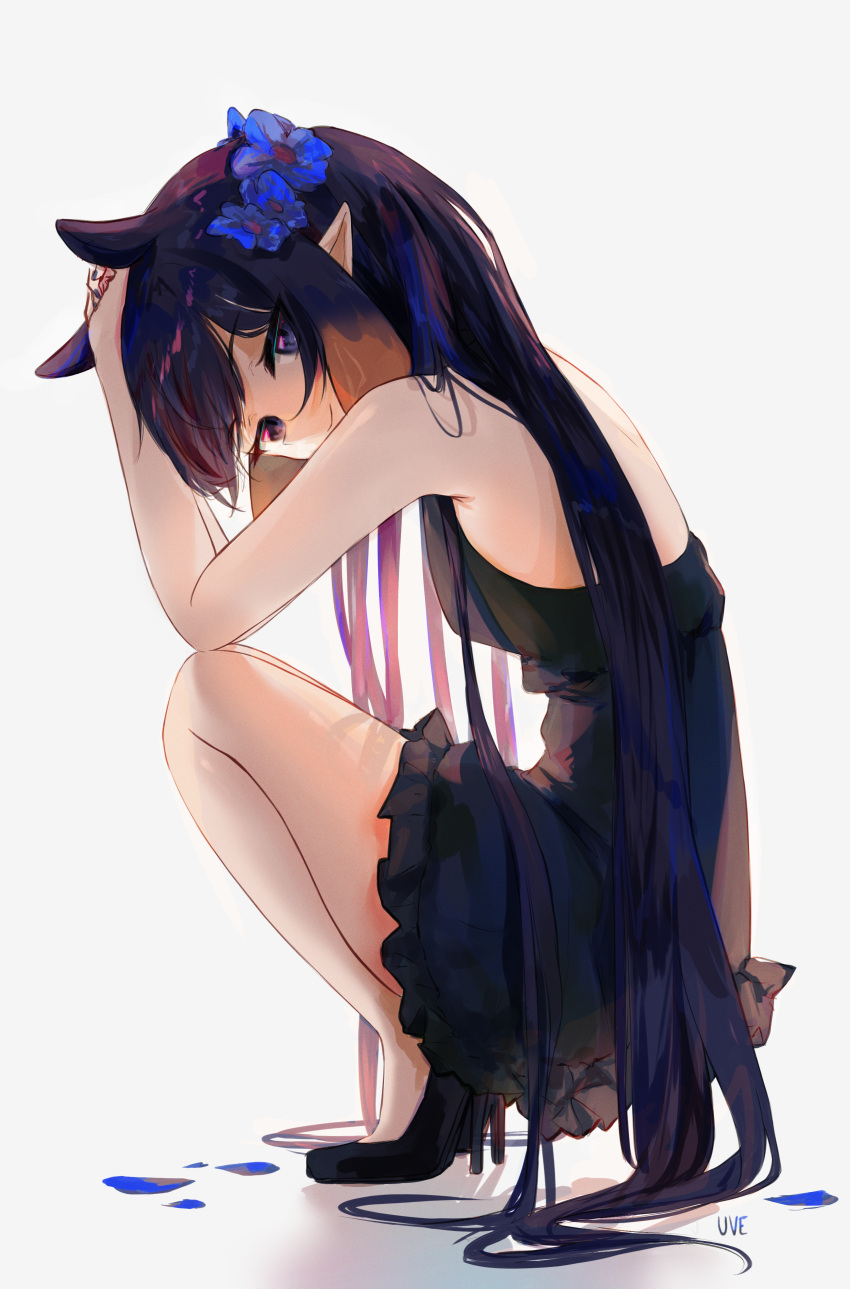 1girl absurdres black_dress blue_eyes dress flower from_side gradient_hair hair_flower hair_ornament high_heels highres hololive hololive_english long_hair looking_at_viewer multicolored_hair ninomae_ina'nis orange_hair pointy_ears purple_hair solo squatting uve virtual_youtuber white_background