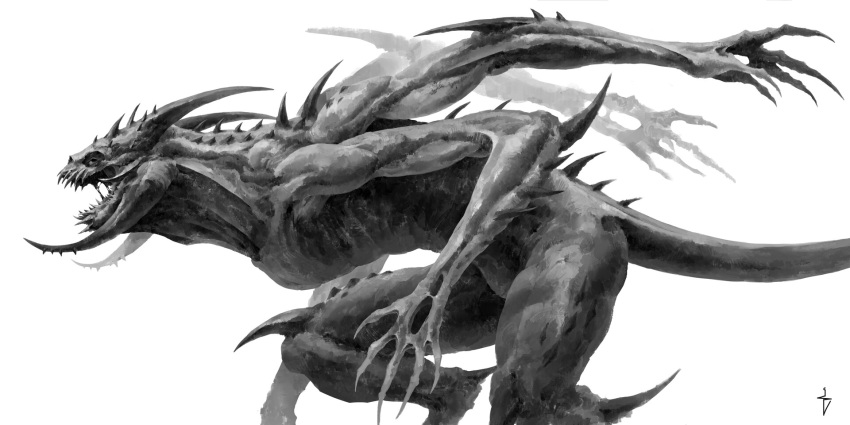 ambiguous_gender baldur's_gate biped claws digitigrade dungeons_and_dragons hasbro hi_res horn monochrome monster multi_limb nude open_mouth sharp_teeth simple_background slayer_(baldur's_gate) solo spikes spikes_(anatomy) standing tail teeth the_dark_urge_(baldur's_gate) wizards_of_the_coast