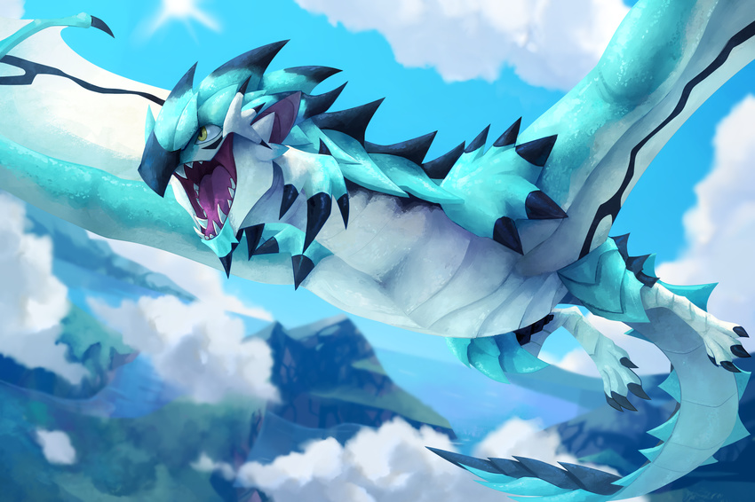 blitzdrachin capcom cute detailed_background dragon feral flying happy larynkir male monster_hunter painting rathalos sky video_games wyvern