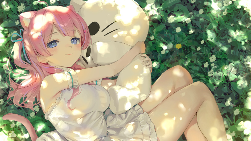 1girl absurdres ahoge animal_ears armband bare_legs bare_shoulders blue_eyes blue_ribbon blunt_bangs breasts cat_ears cat_girl cat_tail closed_mouth commission dappled_sunlight day dress flower frilled_armband frilled_dress frills from_above grass hair_ribbon half-closed_eyes highres hugging_doll hugging_object indie_virtual_youtuber itigori_ena light_blush long_hair looking_at_viewer looking_to_the_side lying medium_breasts nametarou_(meron) on_grass on_side one_side_up pink_hair plant ribbon short_dress skeb_commission sleeveless sleeveless_dress smile solo stuffed_animal stuffed_toy sundress sunlight tail virtual_youtuber white_dress