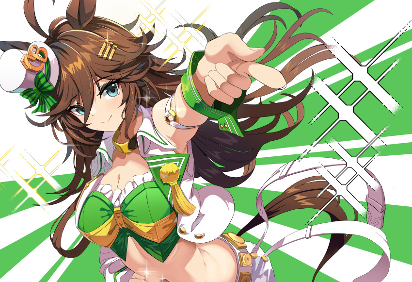 1girl absurdres animal_ears aqua_eyes arm_belt asymmetrical_sleeves bare_shoulders belt belt_buckle breasts brown_hair buckle choker cleavage closed_mouth cowboy_shot cropped_jacket dutch_angle english_commentary green_background green_shirt green_wrist_cuffs hair_ornament hairclip hand_on_own_hip hat highres horse_ears horse_girl horse_tail jacket large_breasts long_hair long_sleeves looking_at_viewer midriff mini_hat mini_top_hat mr._c.b._(umamusume) navel open_clothes open_jacket pants pointing pointing_at_viewer shirt simple_background single_bare_shoulder sleeveless sleeveless_shirt smile solo sparkle striped striped_background sylph_kim tail tilted_headwear top_hat umamusume very_long_hair white_background white_belt white_headwear white_jacket white_pants wrist_cuffs yellow_choker