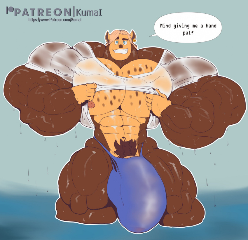 abs all_hail_king_julien anthro biceps big_bulge big_muscles big_pecs big_penis blonde_hair blue_clothing blue_eyes blue_speedo blue_swimwear brown_body brown_fur bulge clothed clothing clothing_lift dialogue dreamworks ear_piercing flaccid fur genitals grin hair hi_res huge_biceps huge_bulge huge_muscles huge_penis hyper hyper_genitalia hyper_muscles hyper_penis kuma_iqwha looking_at_viewer madagascar_(series) male multicolored_body multicolored_fur muscular muscular_anthro muscular_male muscular_thighs nipples partially_clothed pecs penis piercing pubes sage_moondancer shirt shirt_lift smile smiling_at_viewer solo speech_bubble speedo swimwear thick_thighs topwear two_tone_body two_tone_fur wet wet_clothing white_clothing white_shirt white_topwear