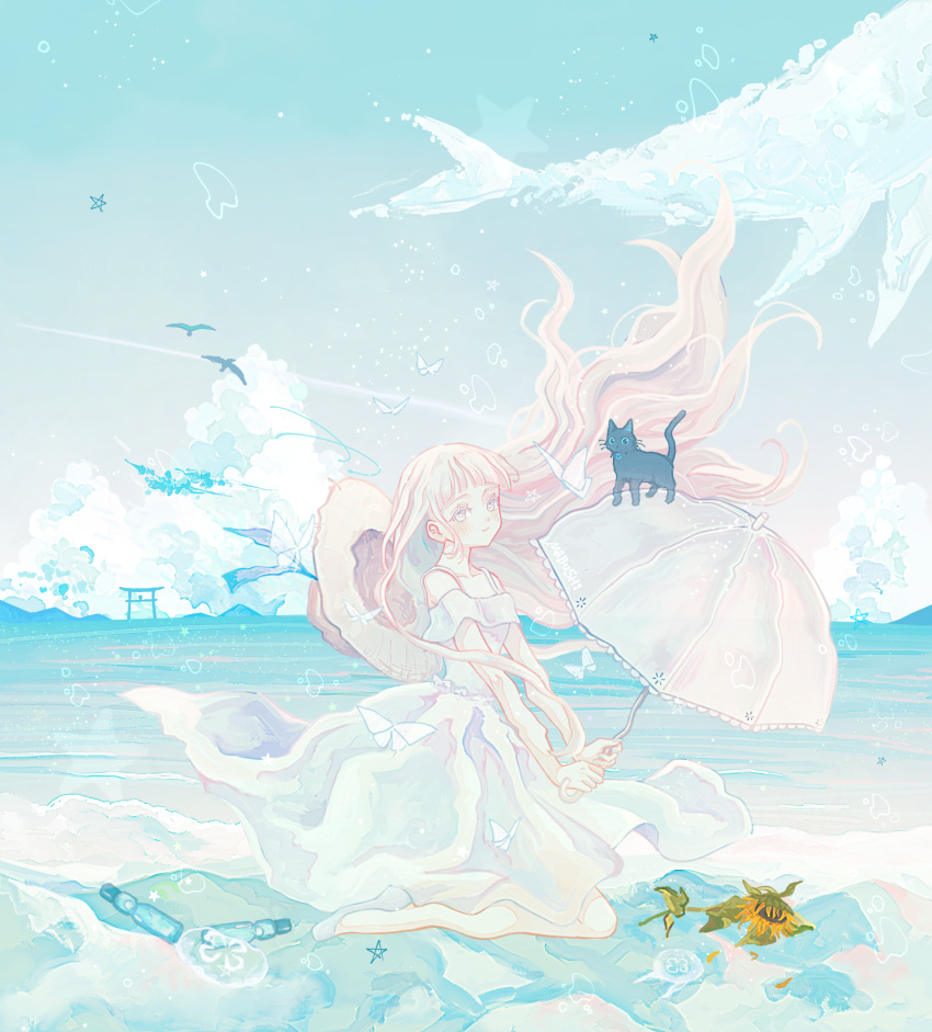 1girl absurdres beach black_cat blue_eyes blue_sky blunt_bangs bottle bright_pupils bug butterfly cat cloud collarbone colored_eyelashes commentary day dress floating_hair flower flying_whale from_side full_body hat highres holding holding_umbrella horizon ivelovedsekaowa long_hair looking_at_viewer ocean original outdoors parasol scenery seiza shoes simple_bird sitting sky smile solo star_(symbol) straw_hat summer sun_hat sundress sunflower surreal torii transparent umbrella unworn_hat unworn_headwear water whale white_butterfly white_dress white_footwear white_hair white_pupils wilted_flower