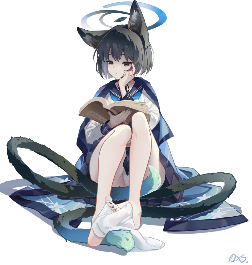 1girl animal_ear_fluff animal_ears barefoot between_toes black_hair black_sailor_collar blue_archive blue_halo blue_neckerchief cat_ears daxieshen_huashi feet full_body halo highres kikyou_(blue_archive) knees_up legs multiple_tails nail_polish neckerchief sailor_collar simple_background socks soles solo tail toenail_polish toenails toes two_tails white_background white_socks