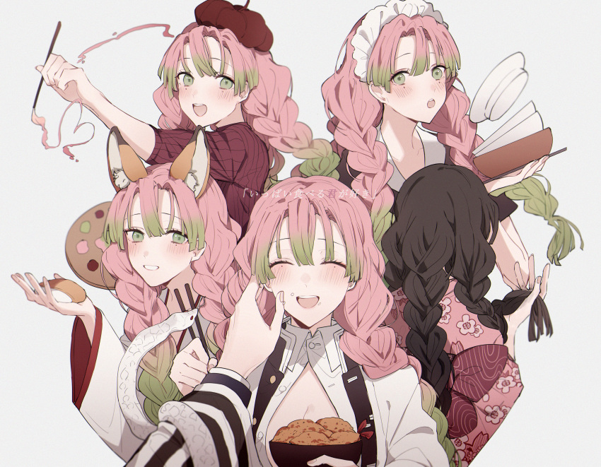 1girl :d :o animal_ears beret blush bow braid breasts cleavage closed_eyes closed_mouth demon_slayer_uniform dress food gradient_hair green_eyes green_hair grey_background hair_ornament haori hat heart highres holding jacket japanese_clothes kaburamaru kanroji_mitsuri kimetsu_no_yaiba kimono long_hair long_sleeves looking_at_viewer maid_headdress medium_breasts mole mole_under_each_eye mole_under_eye multicolored_hair multiple_moles multiple_views open_mouth pink_hair ribbon shirt simple_background smile snake tri_braids twin_braids two-tone_hair upper_body white_snake yurumawari