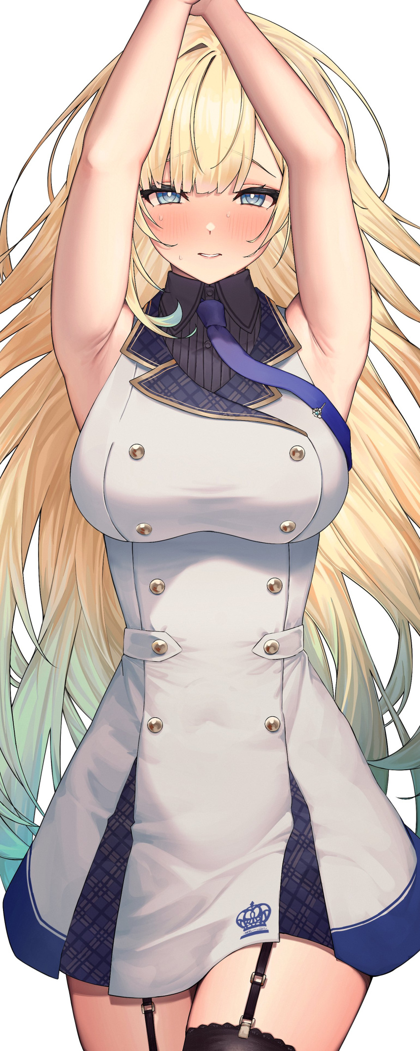 1girl absurdres aizawa_ema aizawa_ema_(2nd_costume) amatou_(ko_me_9) armpits arms_up bare_arms bare_shoulders black_garter_straps black_shirt black_thighhighs blonde_hair blue_eyes blunt_bangs blush breasts collared_shirt cowboy_shot dress embarrassed garter_straps hashtag_only_commentary highres large_breasts long_hair necktie nose_blush parted_bangs parted_lips purple_necktie shirt simple_background sleeveless sleeveless_dress sleeveless_shirt solo thighhighs vspo! white_background white_dress