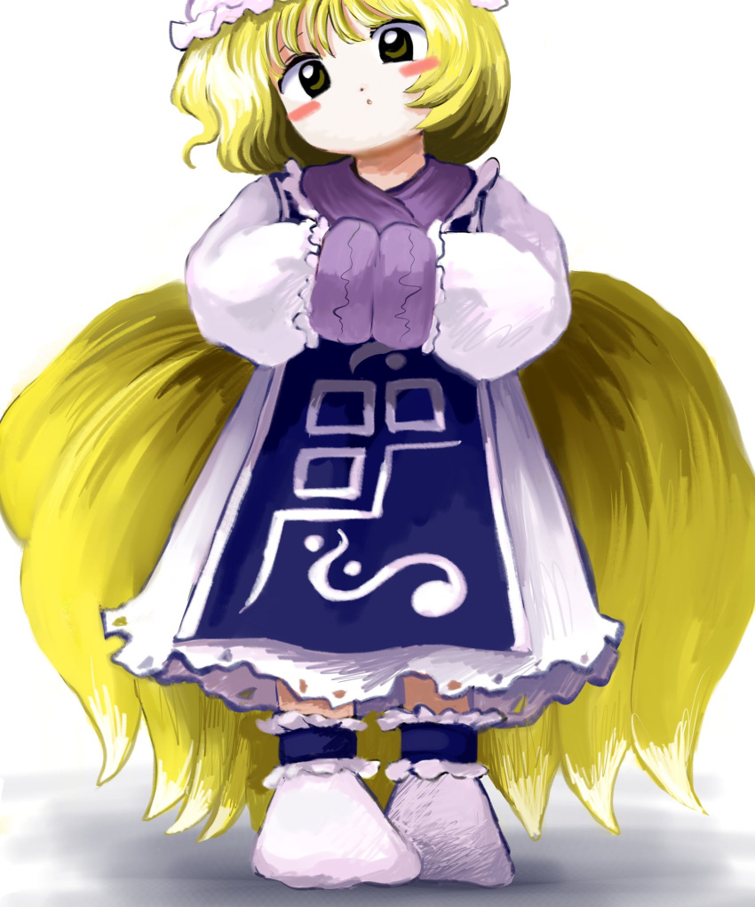 1girl blonde_hair blue_tabard blush_stickers dress fox_tail frills hands_in_opposite_sleeves head_tilt highres long_sleeves looking_at_viewer medium_hair multiple_tails own_hands_together simple_background socks solo standing straight-on tabard tail touhou white_background white_dress white_socks yakumo_ran yakumora_n zun_(style)