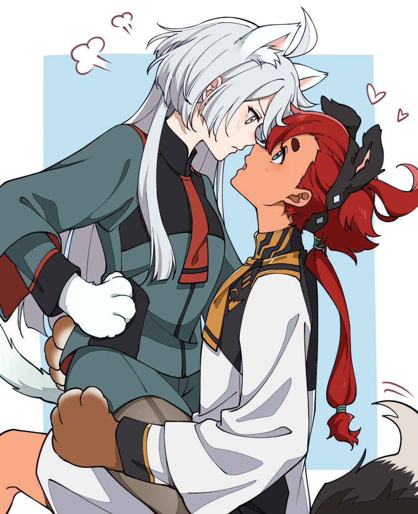 2girls absurdres ahoge animal_ears animal_hands asticassia_school_uniform black_hairband blush cat_ears cat_tail couple dog_ears dog_tail green_shorts grey_eyes gundam gundam_suisei_no_majo hairband highres kougi_hiroshi low_ponytail miorine_rembran multiple_girls red_hair school_uniform shorts shoulder_boards suletta_mercury tail thick_eyebrows yuri