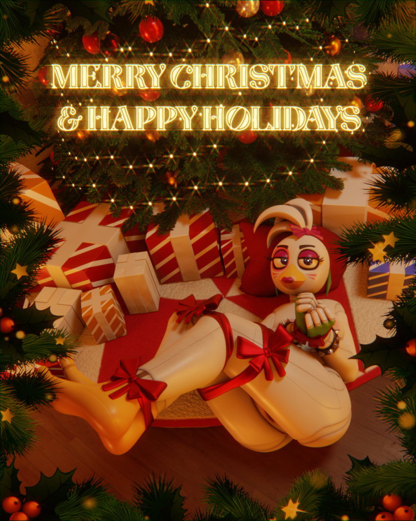 android animatronic bdsm bondage bound chica_(fnaf) christmas female five_nights_at_freddy's five_nights_at_freddy's:_security_breach glamrock_chica_(fnaf) heretic3d hi_res holidays humanoid legs_tied machine robot robot_humanoid scottgames solo steel_wool_studios wrapped wrists_tied