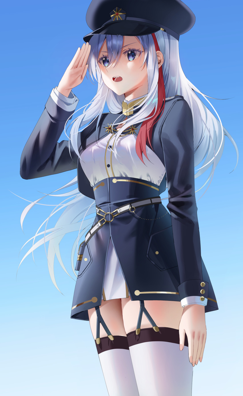 1girl 86_-eightysix- absurdres belt black_garter_straps blue_background blue_eyes blue_hair blue_jacket breasts cropped_jacket educk framed_breasts garter_straps hair_between_eyes hat highres jacket long_hair long_sleeves medium_breasts military_hat military_jacket military_uniform multicolored_hair open_mouth red_hair salute shirt simple_background solo streaked_hair thighhighs two-tone_hair uniform very_long_hair vladilena_millize white_belt white_shirt white_thighhighs zettai_ryouiki