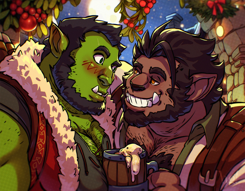 2boys alcohol back_hair bara beard beer between_pectorals blush colored_skin commission couple dark-skinned_male dark_skin face-to-face facial_hair from_side full_beard fur-trimmed_jacket fur_trim furry furry_with_non-furry green_skin hairy hey_guffaw imminent_kiss interspecies jacket large_pectorals male_focus mature_male mistletoe monster_boy multiple_boys muscular muscular_male orc original pectoral_cleavage pectoral_press pectorals pointy_ears pushing seductive_smile short_hair smile thick_beard thick_chest_hair thick_eyebrows tusks wide-eyed wolf_boy yaoi