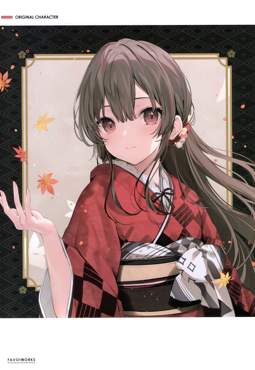 1girl 6u_(eternal_land) absurdres autumn_leaves bow bowtie brown_eyes brown_hair closed_mouth fingernails hair_ornament hand_up highres japanese_clothes kimono leaf light_smile long_hair long_sleeves looking_at_viewer original scan simple_background smile solo upper_body wide_sleeves