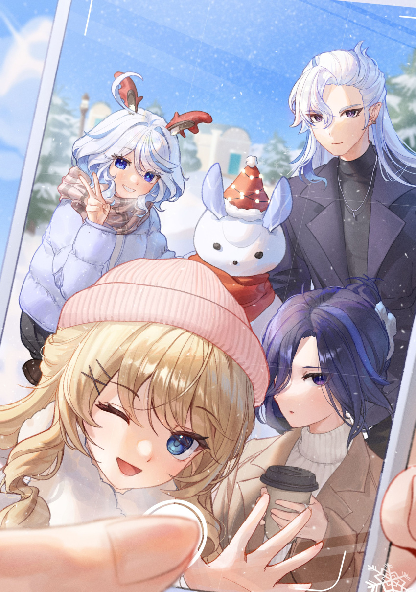 1boy 3girls ;d absurdres ahoge alternate_costume alternate_hairstyle asymmetrical_bangs black_coat black_shirt blonde_hair blue_eyes blue_hair brown_coat brown_scarf chabi009 christmas clorinde_(genshin_impact) coat contemporary cup dark_blue_hair disposable_cup dragon_horns drill_hair drill_sidelocks duffel_coat ear_piercing earrings english_commentary fake_horns fingernails folded_hair furina_(genshin_impact) genshin_impact hair_ornament hair_over_one_eye hair_up heterochromia highres holding holding_cup horns jewelry light_blue_hair long_hair looking_at_viewer mismatched_pupils multicolored_hair multiple_girls navia_(genshin_impact) neuvillette_(genshin_impact) one_eye_closed outdoors piercing pink_headwear purple_eyes scarf selfie shirt sidelocks smile snow snowing snowman streaked_hair sweater turtleneck turtleneck_sweater v white_coat white_hair x_hair_ornament