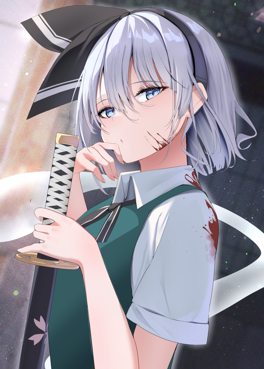 1girl 258n absurdres black_bow black_hairband black_ribbon blood blood_on_face bob_cut bow bow_hairband collared_shirt commentary curtains floating_hair green_vest grey_eyes hairband hand_on_own_face highres hitodama holding holding_sword holding_weapon interior konpaku_youmu light_particles looking_at_viewer neck_ribbon open_mouth ribbon scabbard sheath shirt short_hair short_sleeves solo sword touhou upper_body vest weapon white_hair white_shirt window