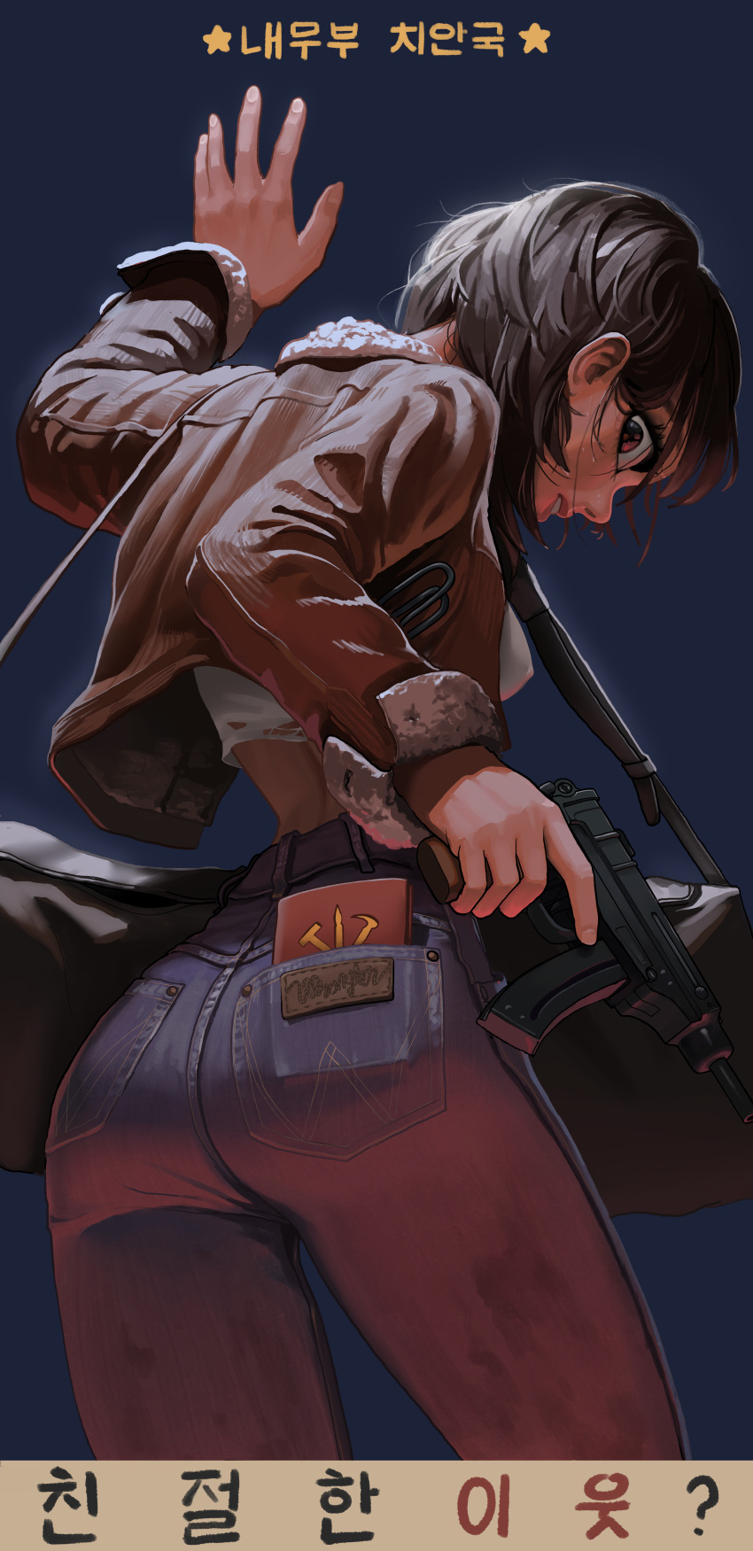 1girl absurdres arm_up ass bag blue_background denim from_behind gun highres holding holding_gun holding_weapon jacket jeans korean_text looking_at_viewer midriff open_clothes original pants red_eyes red_jacket rifleman1130 shirt short_hair shoulder_bag skorpion_vz._61 submachine_gun sweat teeth torn_clothes translation_request weapon white_shirt