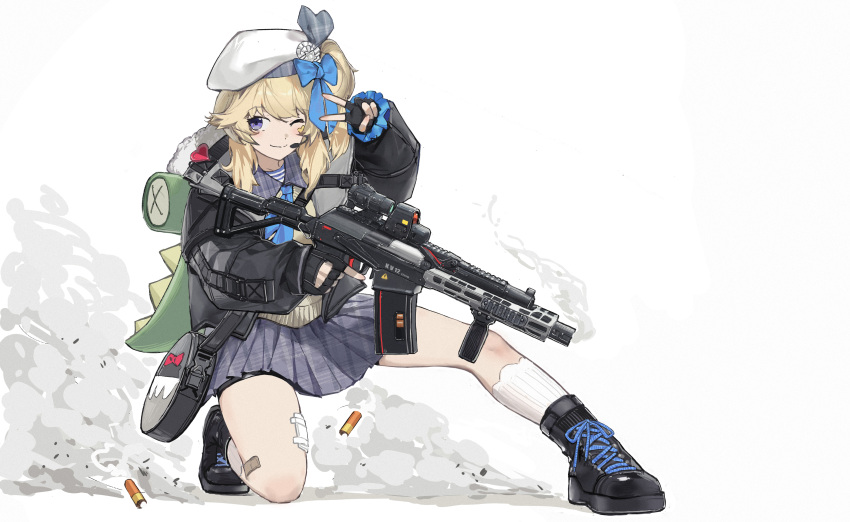 1girl absurdres animal_bag backpack bag bandaid bandaid_on_leg beret black_jacket blonde_hair blush boots bow call_of_duty call_of_duty:_modern_warfare_2 cardigan commission countryman_(artist) fingerless_gloves girls'_frontline girls'_frontline_2:_exilium gloves gun hair_bow hat highres holding holding_gun holding_weapon jacket looking_at_viewer on_one_knee one_eye_closed one_side_up open_clothes open_jacket pleated_skirt purple_eyes second-party_source shotgun shotgun_shell shoulder_bag sidelocks skirt smile smoke socks solo v vepley_(girls'_frontline_2) vepr-12 weapon white_background white_headwear white_socks yellow_cardigan