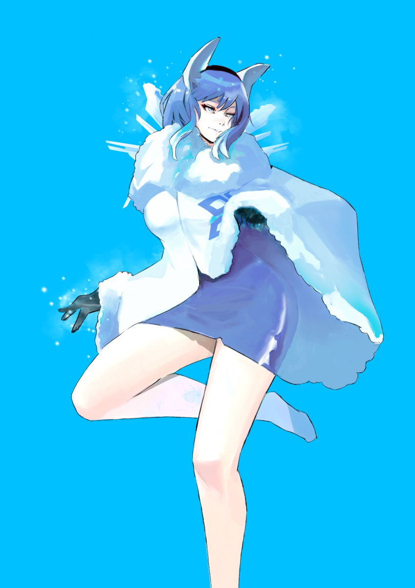 1girl black_gloves blue_eyes blue_hair capelet dress fire_emblem fire_emblem_heroes fur-trimmed_capelet fur-trimmed_hoodie fur_trim gloves headband highres hood hoodie ice ice_horns magic nifl_(fire_emblem) rod_langhi short_dress short_hair simple_background snowflake_print solo thighs