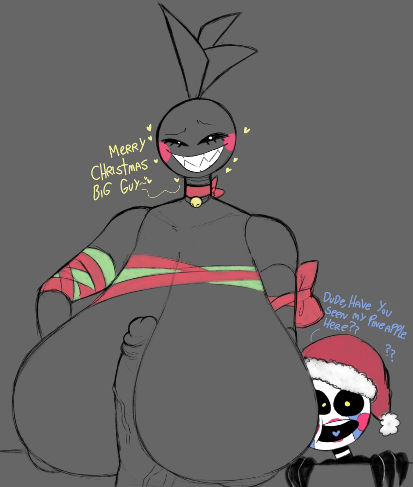 &lt;3 animatronic anthro areola avian bedroom_eyes bell big_breasts big_penis bird breast_play breasts chicken christmas christmas_clothing christmas_headwear clothing cumlord english_text erection female five_nights_at_freddy's five_nights_at_freddy's_2 galliform gallus_(genus) genitals group hat headgear headwear hi_res holidays huge_breasts humanoid hyper hyper_breasts machine male male/female monochrome narrowed_eyes non-mammal_breasts open_mouth penis phasianid question_mark robot santa_hat scottgames security_puppet_(fnaf) seductive sex smile text titfuck toy_chica_(fnaf) trio