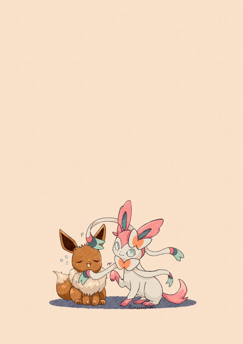 animal_focus artist_name blue_eyes bow brown_fur closed_eyes closed_mouth commentary_request eevee evolutionary_line highres mane no_humans open_mouth pokemon pokemon_(creature) prehensile_ribbon smile sylveon tail twitter_username two-tone_fur white_bow white_fur zozozoshion