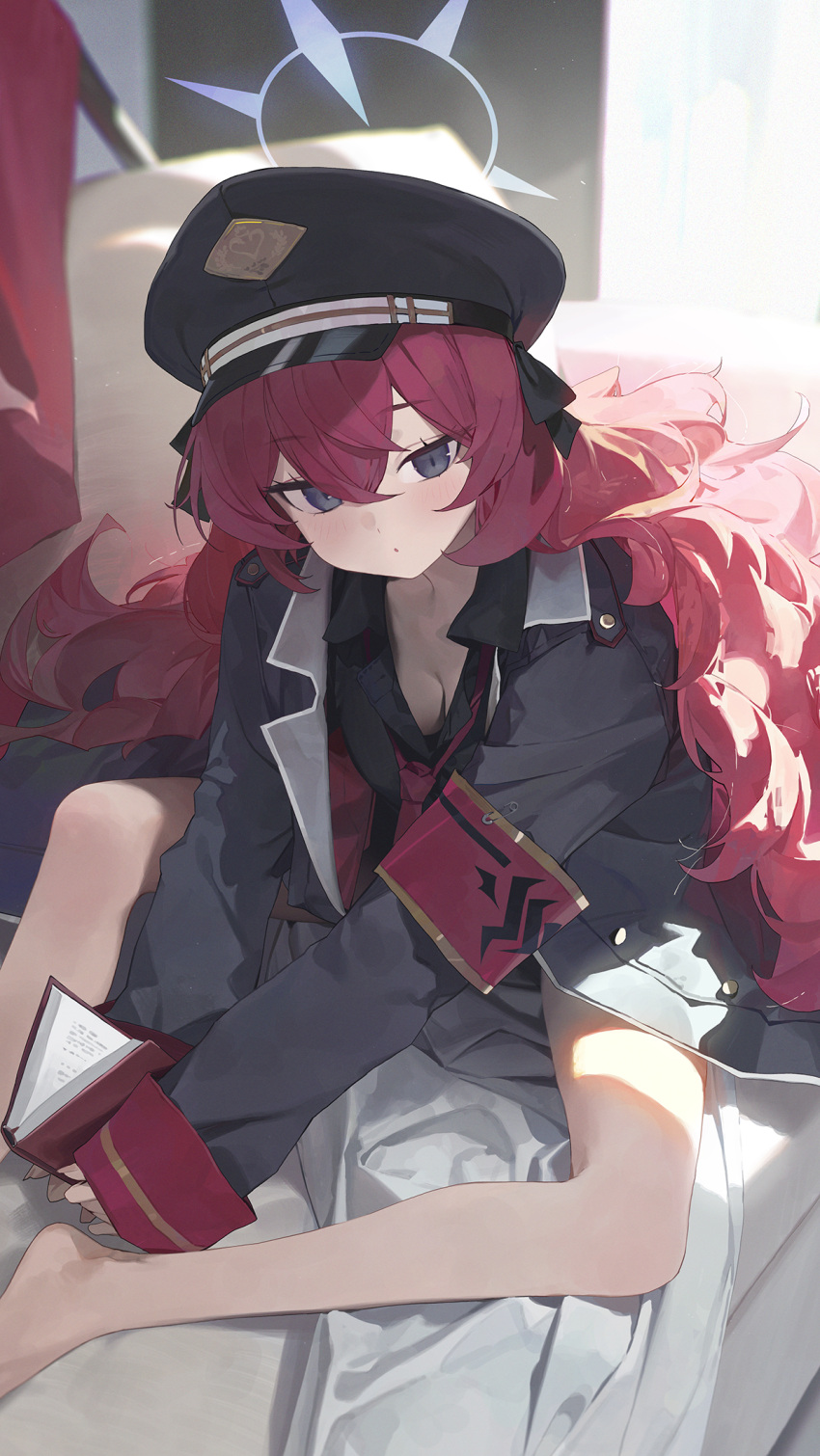1girl armband bare_legs barefoot black_coat black_headwear black_shirt blue_archive book breasts chestnut_mouth cleavage coat collared_shirt fingernails grey_eyes hair_between_eyes halo hat highres holding holding_book indoors iroha_(blue_archive) long_hair long_sleeves looking_at_viewer military_hat modare parted_lips peaked_cap purple_halo red_armband red_hair safety_pin shirt sidelocks sitting small_breasts solo