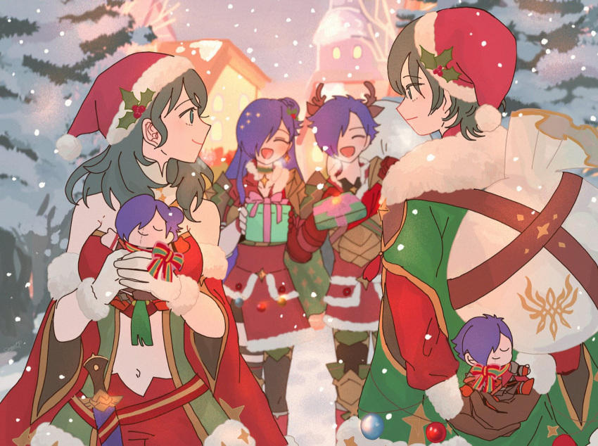 2boys 2girls byleth_(female)_(fire_emblem) byleth_(female)_(frosty_professor)_(fire_emblem) byleth_(fire_emblem) byleth_(male)_(fire_emblem) byleth_(male)_(frosty_professor)_(fire_emblem) cape character_doll christmas commentary_request doll dual_persona fire_emblem fire_emblem:_three_houses fire_emblem_warriors:_three_hopes fur-trimmed_cape fur_trim green_cape green_hair hair_over_one_eye hat highres holding holding_doll holly_hat_ornament looking_at_another multiple_boys multiple_girls open_mouth purple_hair red_cape sack santa_hat sasaki_(dkenpisss) shez_(female)_(fire_emblem) shez_(fire_emblem) shez_(male)_(fire_emblem) smile