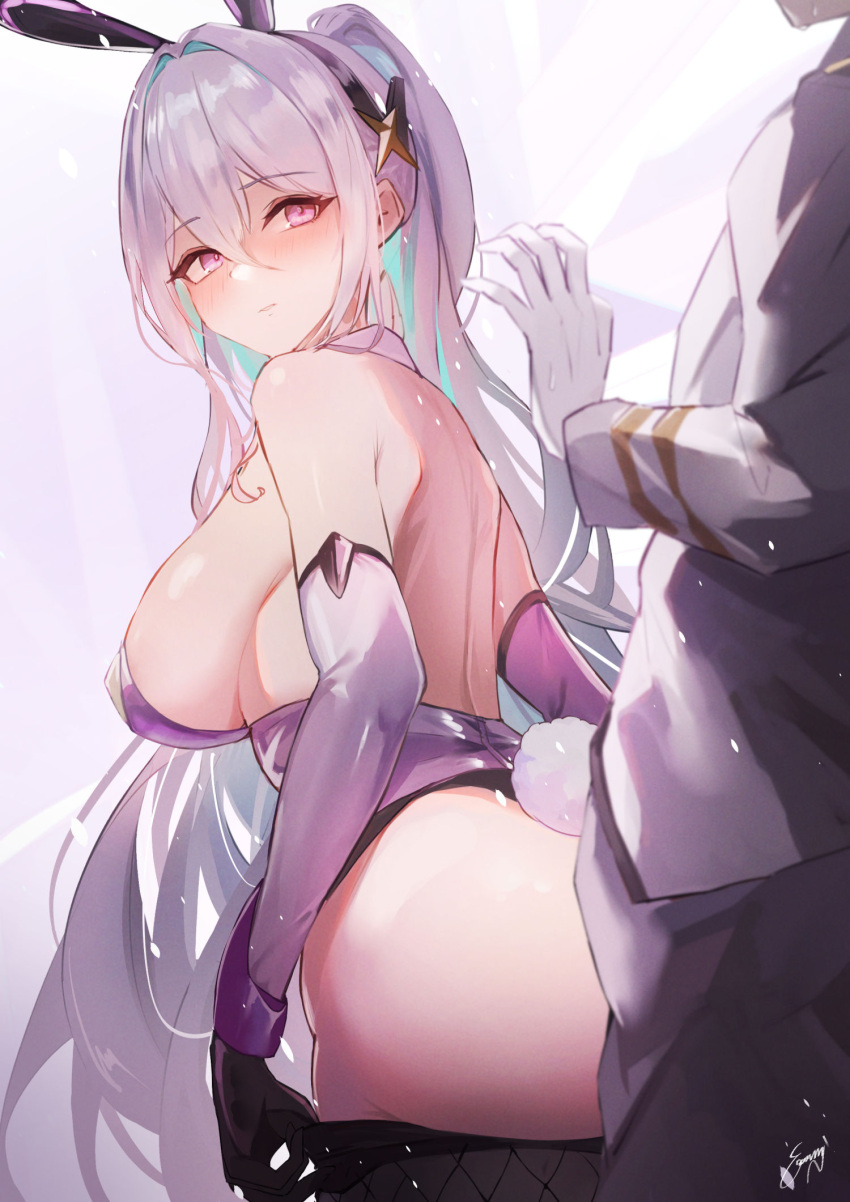 1boy 1girl animal_ears ass azur_lane bare_shoulders black_gloves black_hairband blush breasts closed_mouth commander_(azur_lane) fake_animal_ears fake_tail from_behind gloves hair_ornament hairband highres kearsarge_(all_night_charge)_(azur_lane) kearsarge_(azur_lane) large_breasts leotard long_hair looking_back paid_reward_available playboy_bunny purple_eyes purple_hair purple_leotard rabbit_ears rabbit_tail sea_nami signature solo_focus tail white_gloves