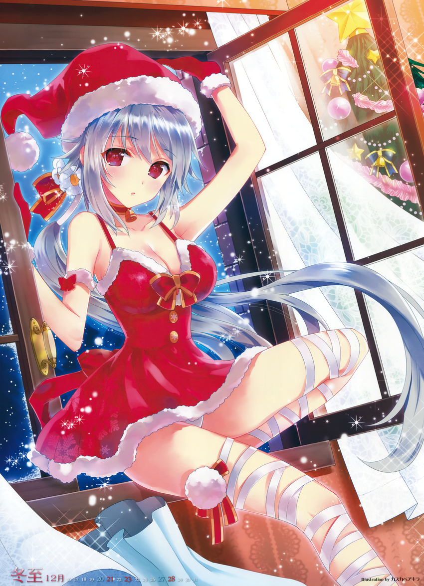 absurdres bare_shoulders bell breasts choker christmas cleavage dress grey_hair hat highres huge_filesize kasukabe_akira large_breasts long_hair open_mouth panties red_eyes sack santa_costume santa_hat solo underwear window