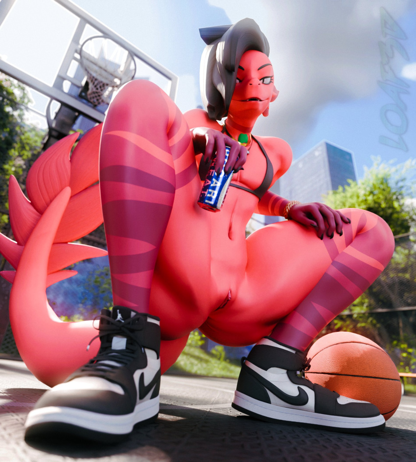 3d_(artwork) andromorph_(lore) anthro basketball basketball_hoop beverage black_bra black_clothing black_hair black_underwear bra bracelet clothing dayumboai digital_media_(artwork) female fish genitals hair hi_res jewelry loaf3d looking_at_viewer low-angle_view marine necklace nike nonbinary_(lore) outside pussy red_body red_skin ren_(remanedur) sneaking solo striped_body stripes tail underwear