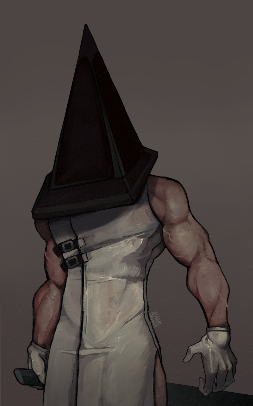 1boy arms_at_sides brown_background cowboy_shot dark_background from_below gloves helmet highres holding male_focus monster_boy muscular muscular_male nanadagger pyramid_head silent_hill_(series) silent_hill_2 simple_background solo sword thick_arms veins veiny_arms weapon white_gloves