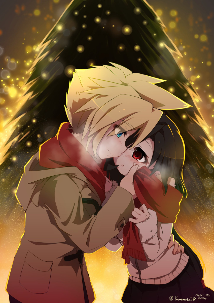 1boy 1girl black_hair blonde_hair blush breath chaotic_dragon christmas christmas_tree closed_mouth cloud_strife coat commentary_request couple dated eye_contact final_fantasy final_fantasy_vii final_fantasy_vii_ever_crisis final_fantasy_vii_remake hand_on_another's_back hand_on_another's_face hand_on_another's_hip happy_holidays hetero highres holding holding_clothes holding_scarf hood hood_down hooded_coat light_particles long_hair long_sleeves looking_at_another low-tied_long_hair red_scarf scarf short_hair smile tifa_lockhart twitter_username very_long_hair winter_clothes winter_coat