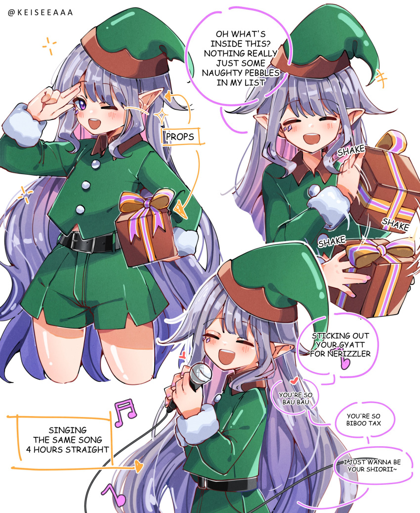 1girl absurdres alternate_costume alternate_ears christmas elf expressions green_shorts grey_hair highres hololive hololive_english keisea koseki_bijou long_hair multicolored_hair multiple_views open_mouth pointy_ears purple_eyes shorts smile solo virtual_youtuber